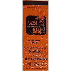 Matchbook Cover RMS 36th Convention 1976 Allentown PA Bicentennial Dark Orange
